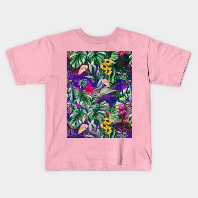 Cute tropical floral leaves botanical illustration, tropical plants,leaves and flowers, dark purple leaves pattern Kids T-Shirt by Zeinab taha